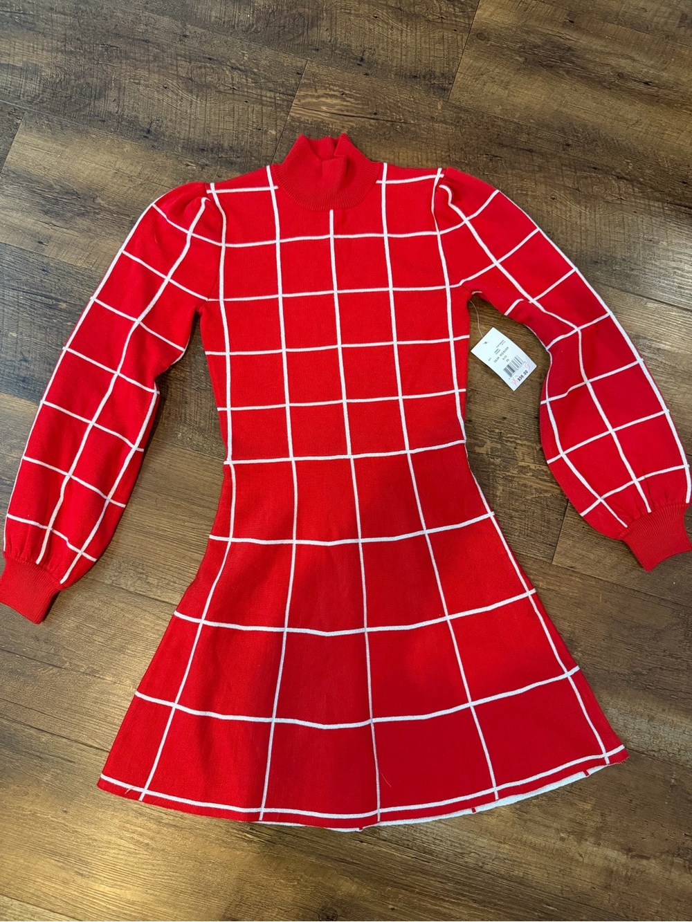 Crystal Doll Red Knit Grid Long-Sleeve Dress